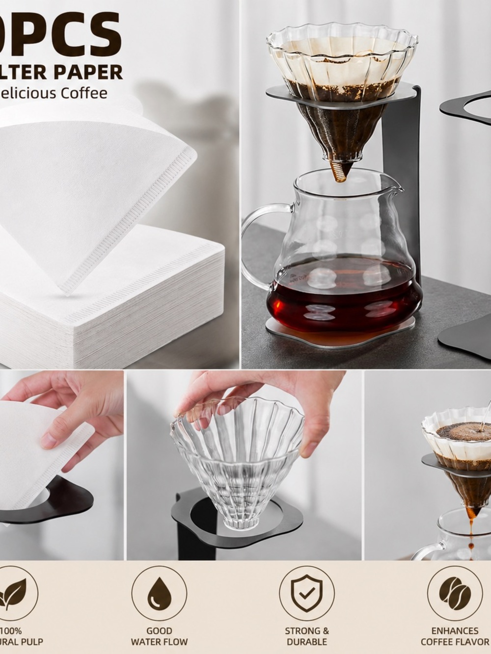Glass Pour-Over Coffee Dripper Set with Black Stand and White Filters
